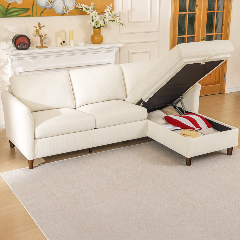 NY 88.5'' W Corduroy Sectional Storage Sofa With Adjustable Chaise Solid Wood Legs, Beige Corduroy