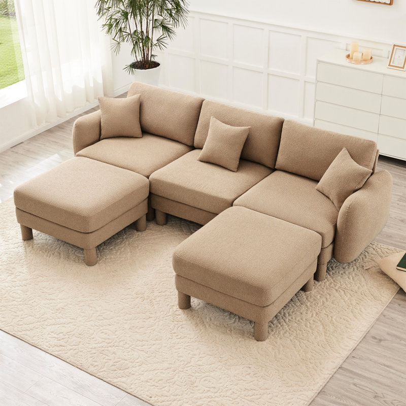 Canapé modulaire en U 3 de couleur café, tissu bouclé avec 2 repose-pieds et pieds de lecture uniques, modernes, en tissu, 3 repose-pieds en forme de coquillage, pieds cylindriques auto-enveloppés,