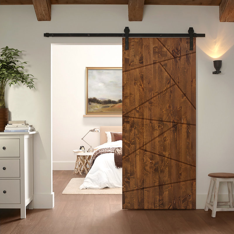 Porte de grange en bois massif lambrissé et métal, Noyer, H 84 po x l 30 po