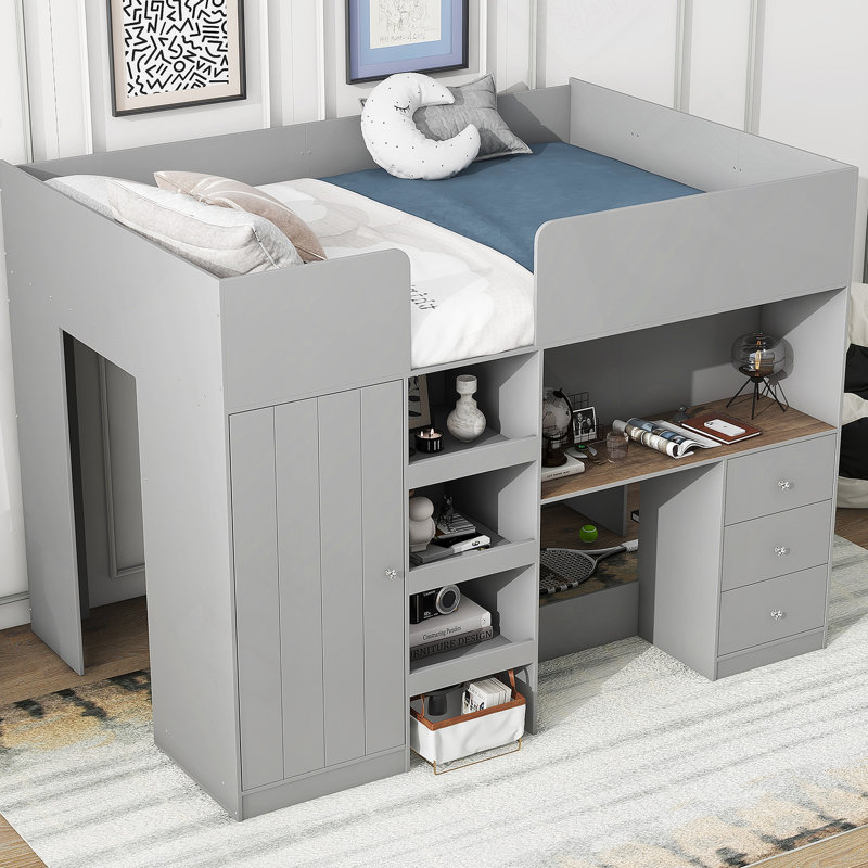 Lit mezzanine en bois avec tablettes et tiroirs de rangement intégrés
