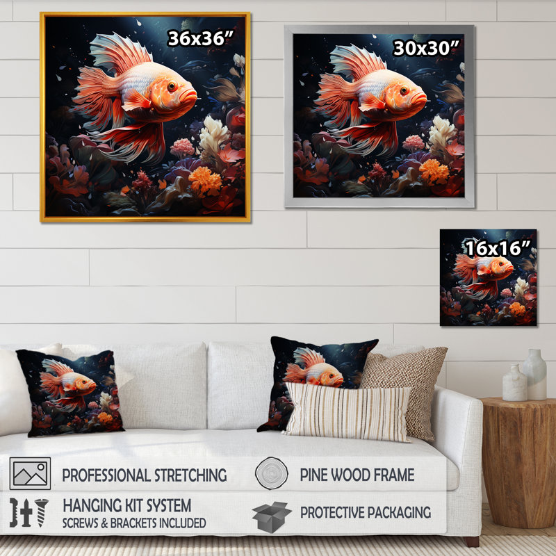 Art mural multicolore, poisson du récif de corail I, Cadre flottant noir, H 16 po x l 16 po x P 1 po