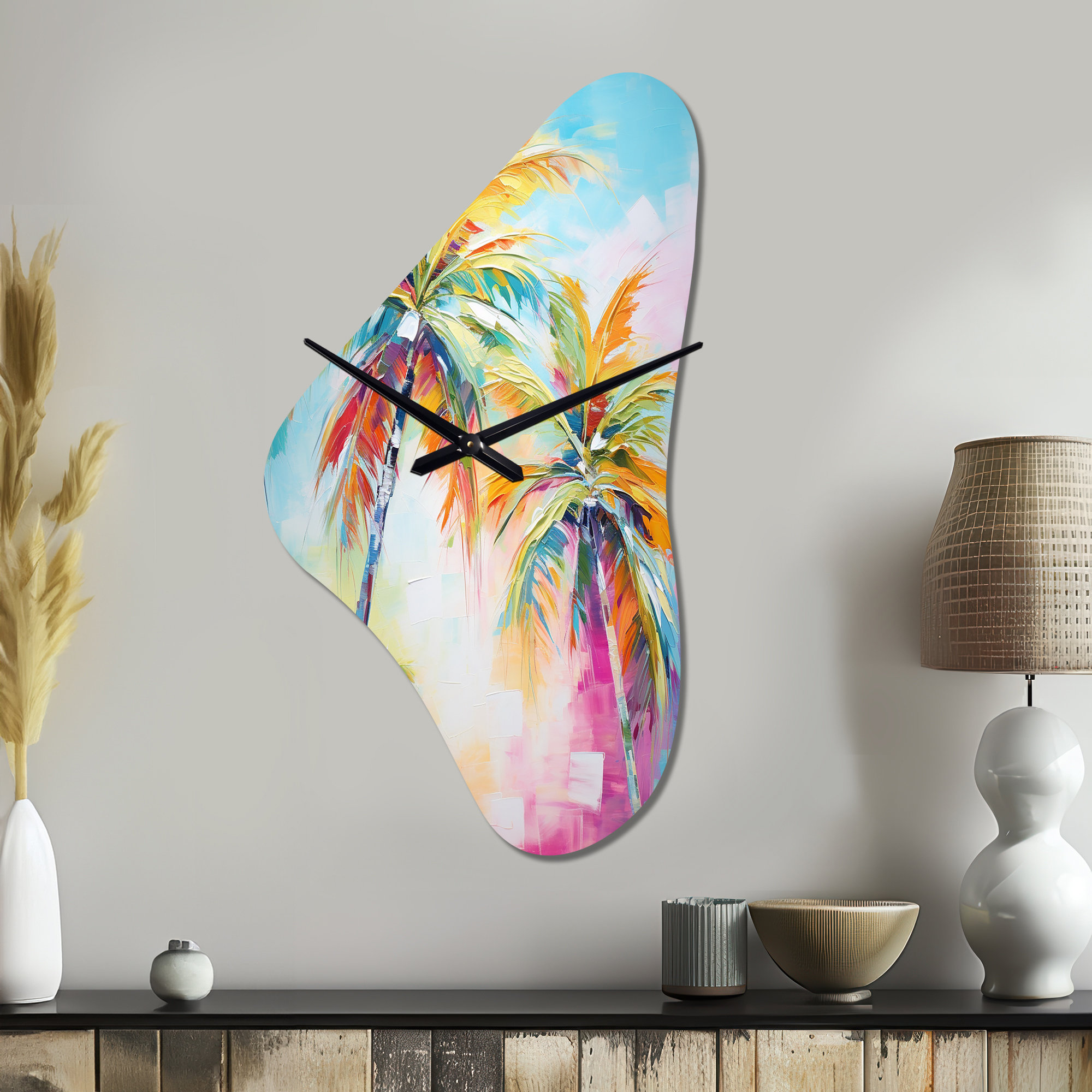 Design Art Popart Palm Trees III - Palm Trees Asymmetrical Metal Clocks ...