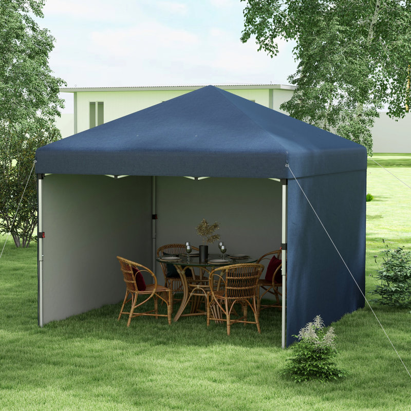Toile escamotable 10 'X 3 parois latérales, réglages de hauteur variables. Tissu protégé. Avec sac de transport et sacs de poids pour les jambes. Option de patio bleu marine. Événement UV30 +