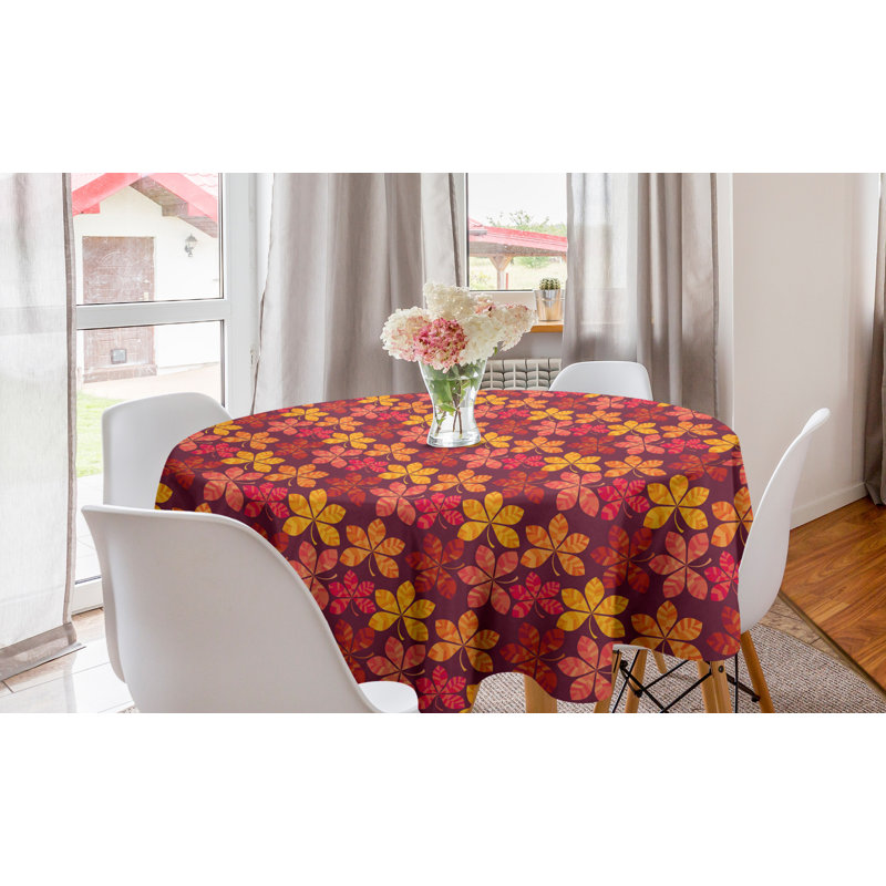Ambesonne Autumn Round Tablecloth, Warm Tones Repeating Leaves Design Colorful Blooming Fall Flora, Circle Table Cloth Cover For Dining Room Kitchen Decoration, 60", Purple Dark Coral And Yellow