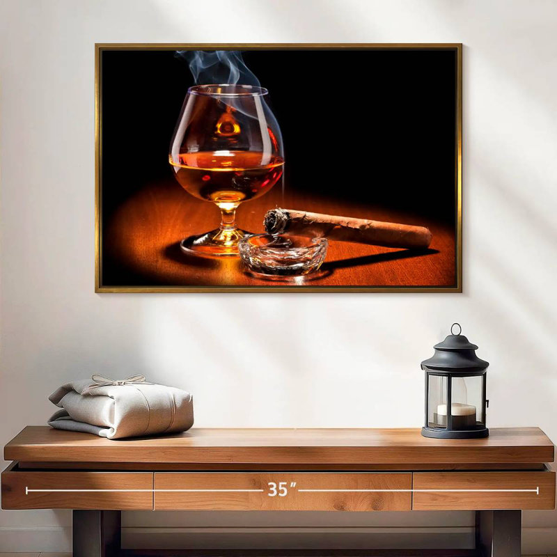 Boissons au cigare et au cognac, 25 po x 17 po, Cadre flottant doré