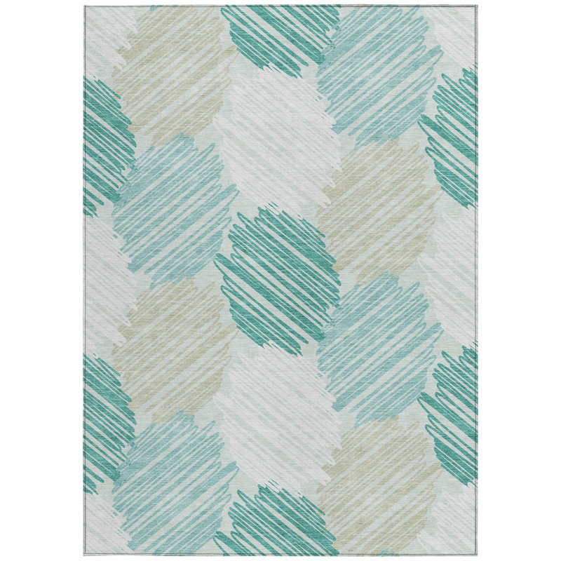 3' X 5' Teal Blue Ivory And Taupe Geometric Washable Indoor Outdoor Area Rug