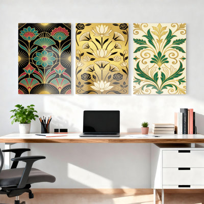Art déco à motif floral sur toile tendue, ensemble de 3 reproductions de peintures à l'huile pour salon