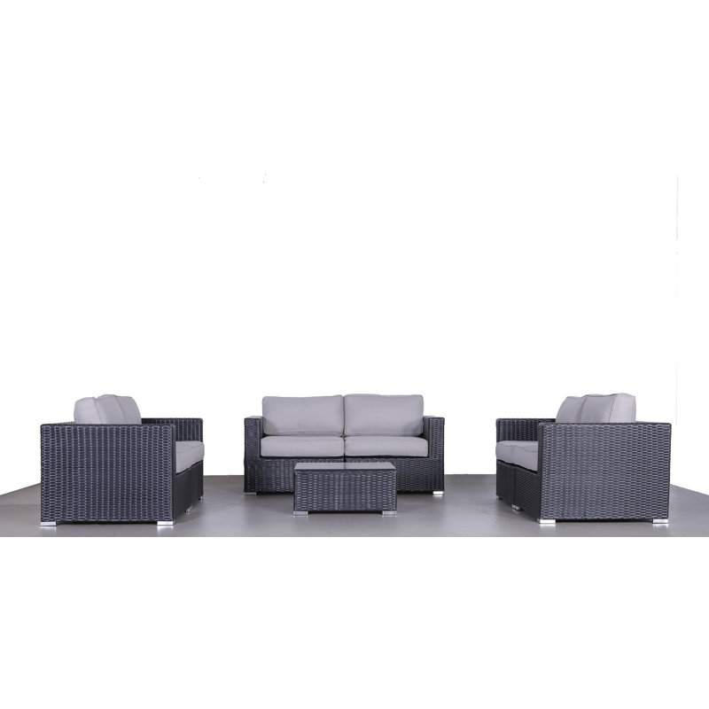 Ensemble de conversation en osier pour 6 personnes avec coussins Amerion, Noir