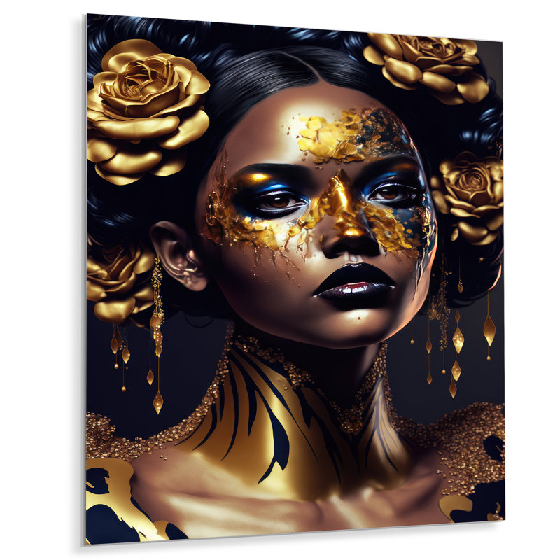 Gold And Black Floral Woman V - Woman African American Metal Art, 32" H x 16" W x 1" D
