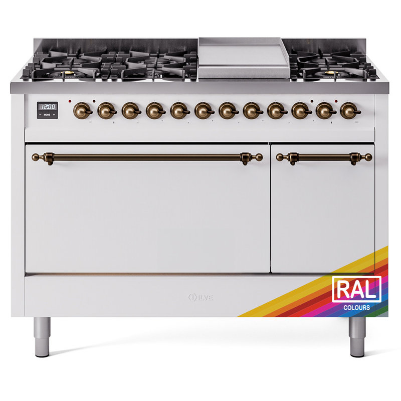 ILVE Nostalgie II, cuisinière à double combustible de 48 po, 8 brûleurs, plaque chauffante, Gaz naturel, RAL / bronze