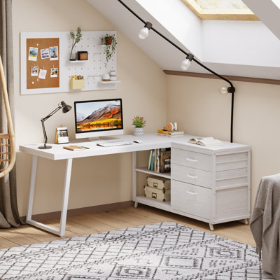 Shaped Computer Desk With 3 Drawers & Storage Shelves, Reversible Corner Desk for Home Office by 17 Stories