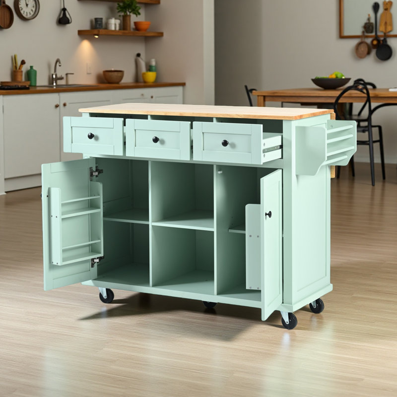 53" Kitchen Island Cart with Drop-Leaf Countertop - Mobile Storage Cabinet with 3 Drawers, Refrigerator-Style Racks & 5 Wheels
