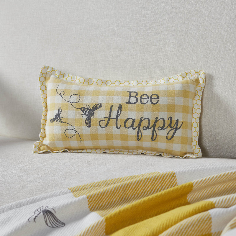 Bee Happy Yellow Plaid Cotton Rectangular Throw Pillow