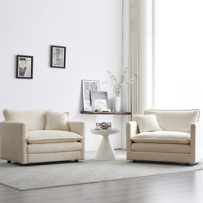 Fauteuil haut en chenille 2, revêtement beige, fabrication en bois, siège rembourré pour le fauteuil de salon Comfort 2, structure solide, rembourré confortable avec coussin