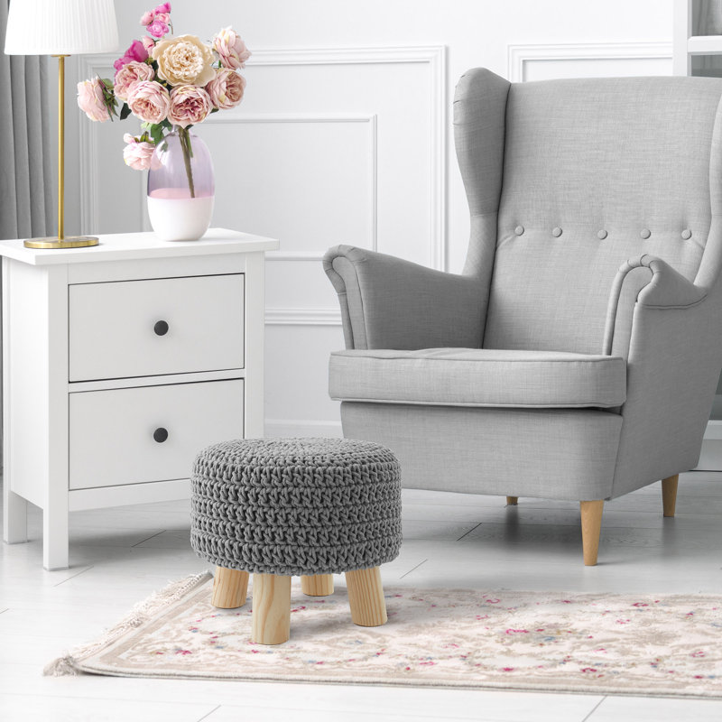 Cotton Pouf Ottoman Footstool 13 Round x 11H, Boho Accent Footrest, Light Gray, Gray
