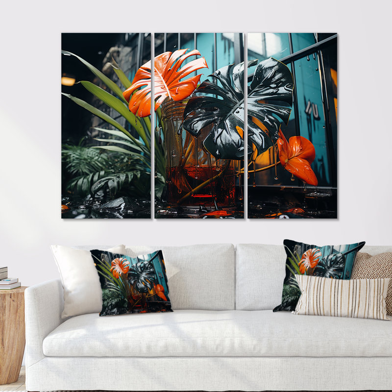 Art mural moderne orange et vert tropical II - Collages abstraits, Toile tendue, H 40 po x l 61 po x P 1 po