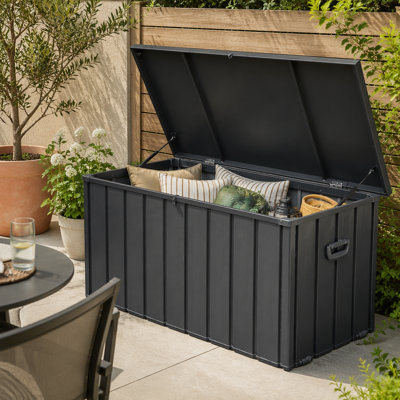 Boîte de rangement pour terrasse 150 gallons imperméable, grand bac de rangement pour patio pour coussins extérieurs, coussins décoratifs, outils de jardin, verrouillable