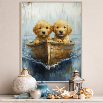 Petite aventure en bateau - Chiots - Tableau encadré sur toile