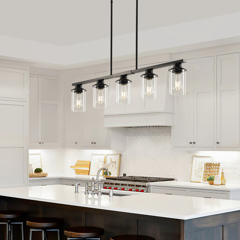 Luminaire suspendu moderne à 5 lumières pour îlot de cuisine avec abat-jour en verre transparent Modern, Noir mat