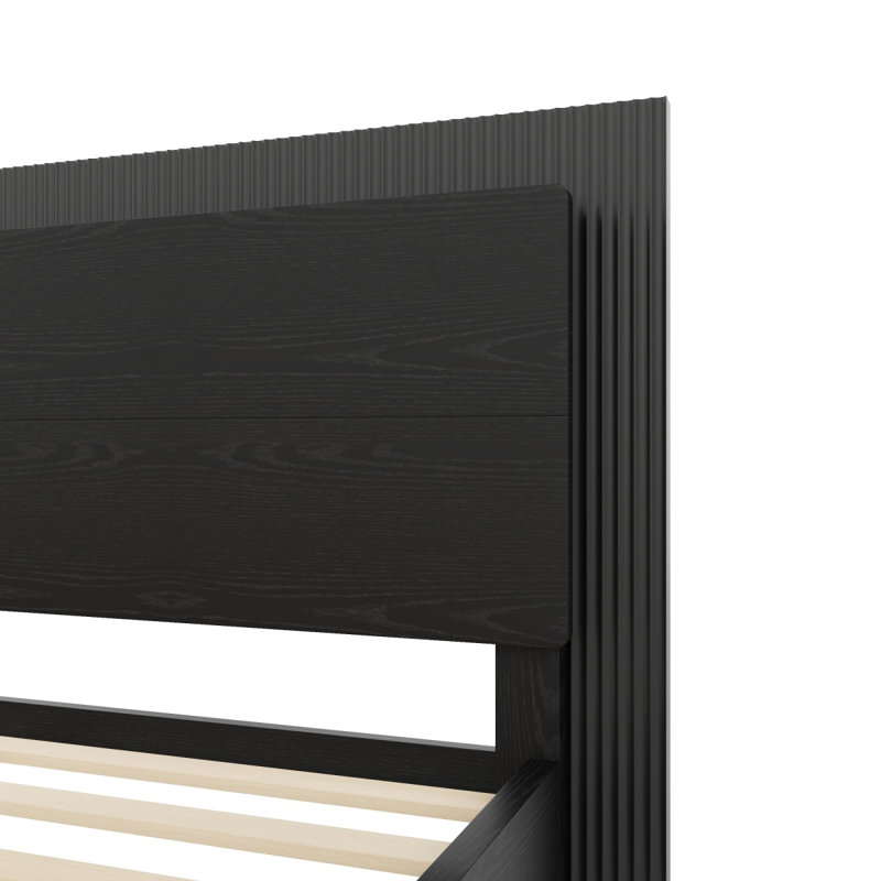 Structure de lit plateforme avec tête de lit et lumière DEL, support à lattes de bois, très grand, noir, Très grand lit
