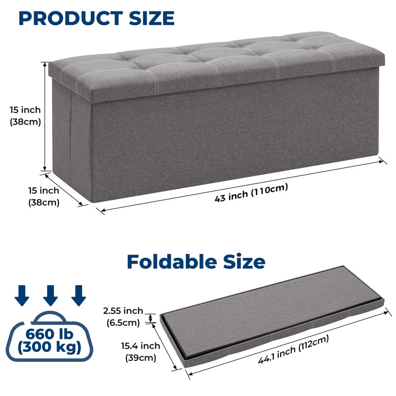 Upholstered Storage Bench Linen Bedroom Bench, Light Gray, 15'' H X 43'' W X 15'' D