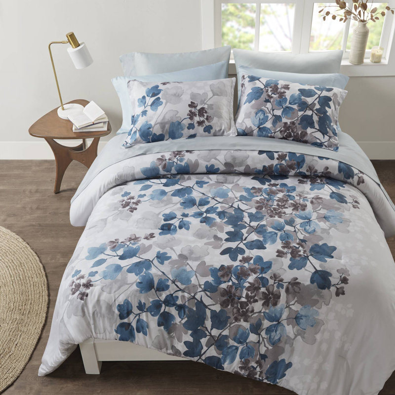 Blue Floral Full Microfiber Bed in a Bag Set