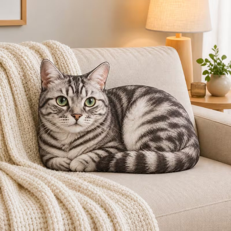 Not Textured Silver Tabby Cat with Green Eyes Shaped Throw Pillow, Realistic Pet Portrait Decorative Cushion for Cozy Bedroom Sofa Cat Lovers, 2D Flat Printing Shaped Stuffed Throw Pillow 45cm