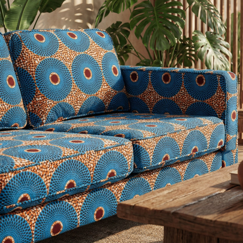 Canapé rembourré de style Mid-Century, tissu à motif géométrique circulaire bleu audacieux, pieds en bois massif, canapé de salon spacieux (3 places)