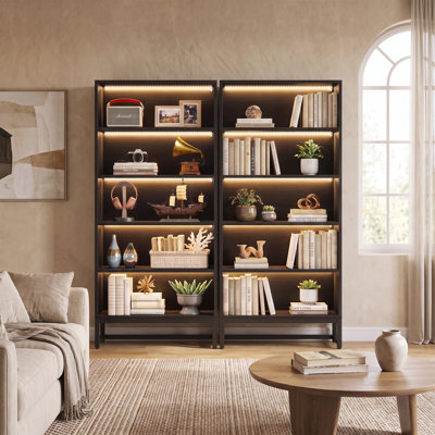 70.9”H × 31.5”L Open 5-Tier Bookcase with LED Light, Set of 2