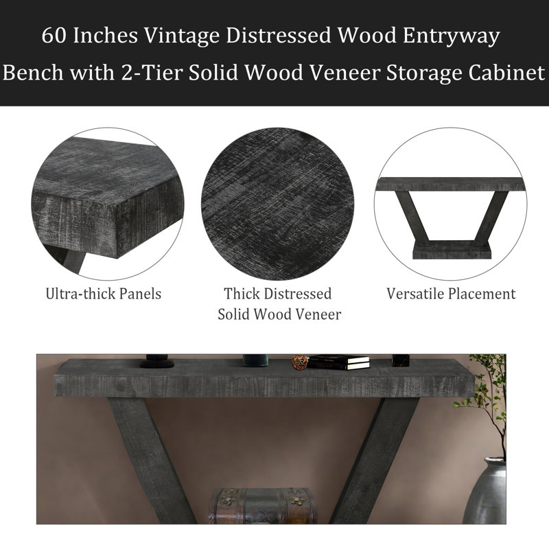 Banc d'entrée en bois vieilli 60 pouces avec armoire de rangement en placage de bois massif à 2 niveaux, conception large rustique pour le couloir, le salon et le canapé derrière