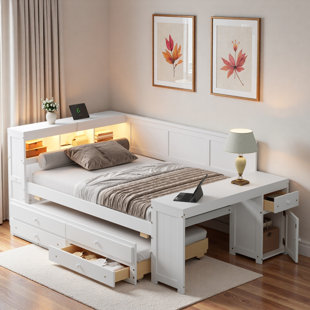 Modern Daybed With Storage Shelves, Drawers, Trundle, Charging Station, Led Light, Desk And Cabinet