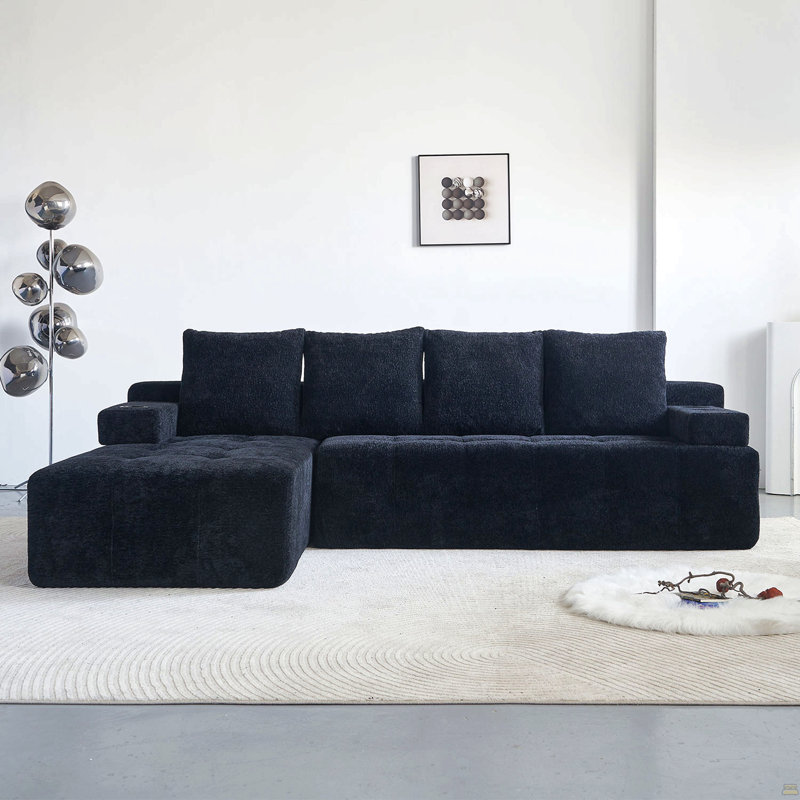 Canapé modulaire en L de style moderne avec poches latérales, dispositif de charge sans fil, deux ports de chargement USB, un porte-gobelet, haut-parleur Bluetooth, méridienne réversible, matériau en chenille, couleur noire