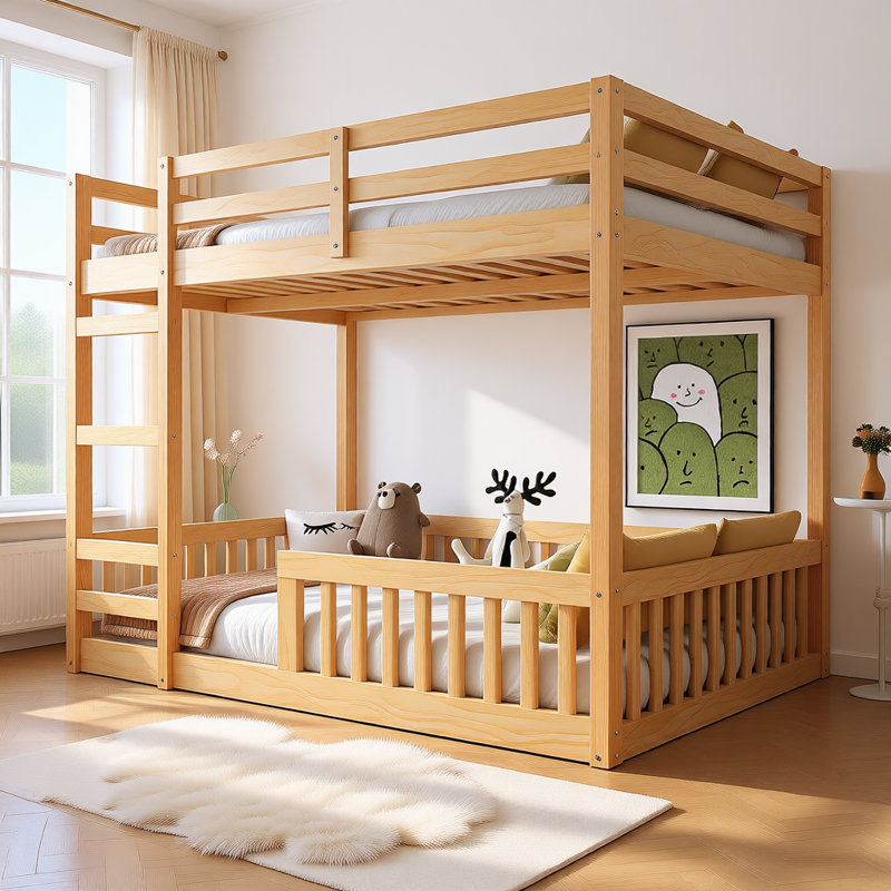 Lit superposé double au-dessus de double en bois massif avec échelle et garde-corps, cadre moderne en bois pour chambre ou chambre d'amis