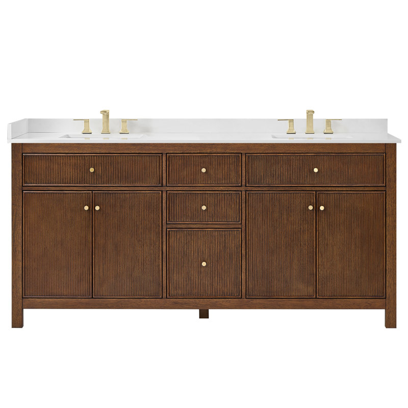 Pendry 72" Freestanding Double Bathroom Vanity with Top, Dark Walnut, Brushed Gold, White Quartz