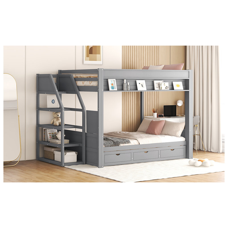 Lit superposé convertible en bois pleine grandeur avec escalier de rangement, table de chevet et 3 tiroirs, Gris