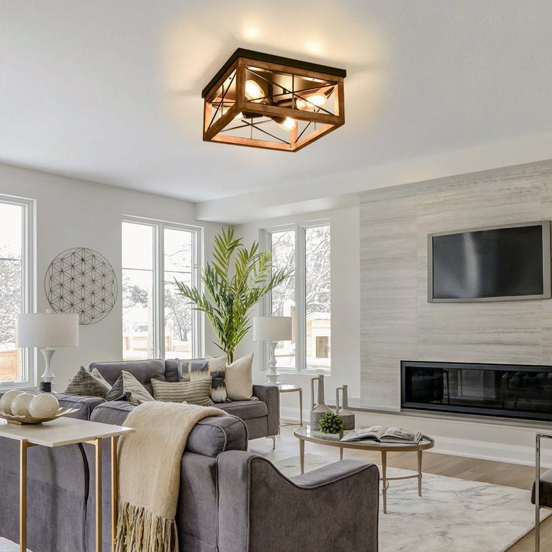 4-Light  Flush Mount Light With Iron & Wood