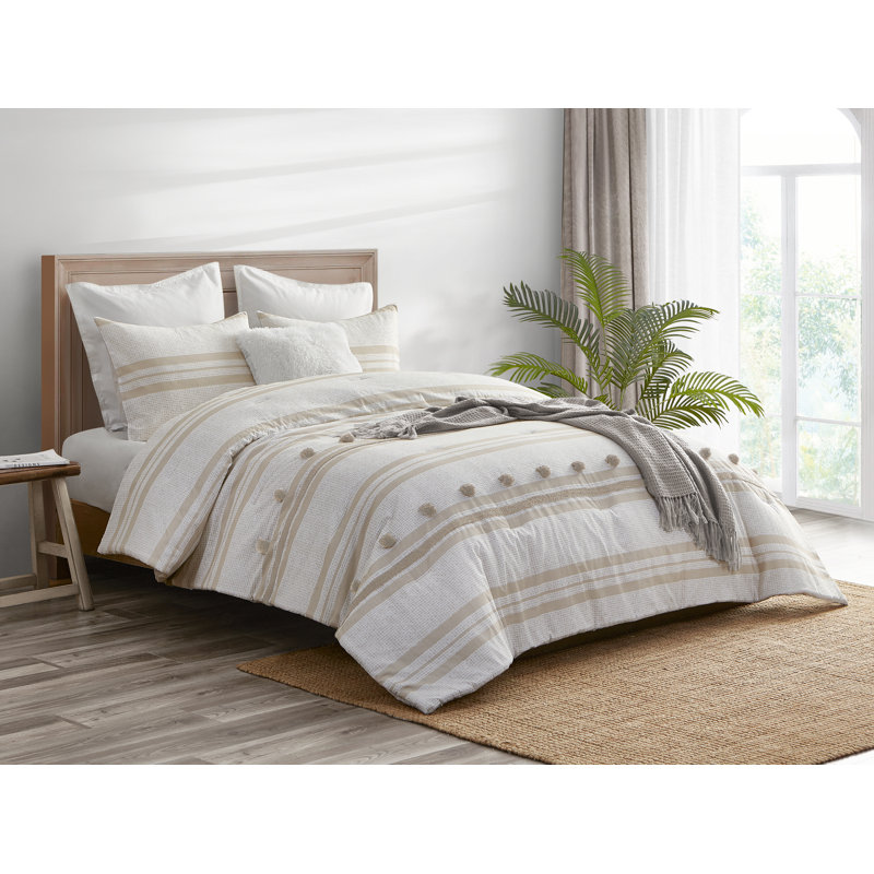 Full Gray Cotton Reversible Comforter Set with Pom Pom Stripes