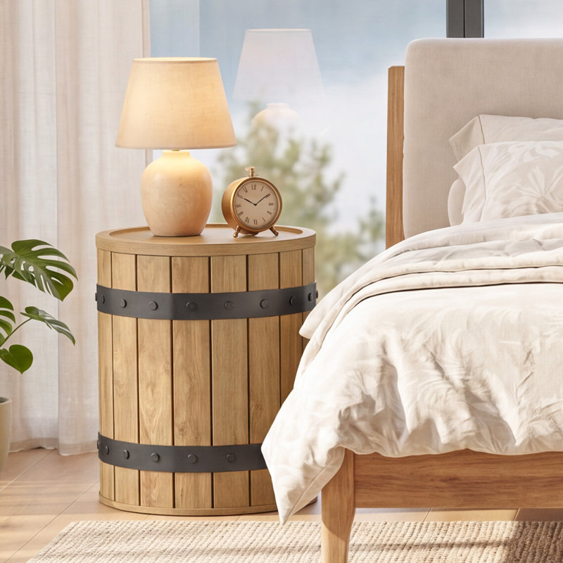 Table d'appoint ronde tonneau avec rangement caché, Light Brown