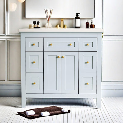 Ensemble de meuble-lavabo 36 po avec lavabo en résine 36 po, armoire de salle de bain moderne autoportante avec 6 tiroirs et 2 armoires, meuble de rangement pour la salle de bain, ensemble de meuble-lavabo avec cadre en bois massif