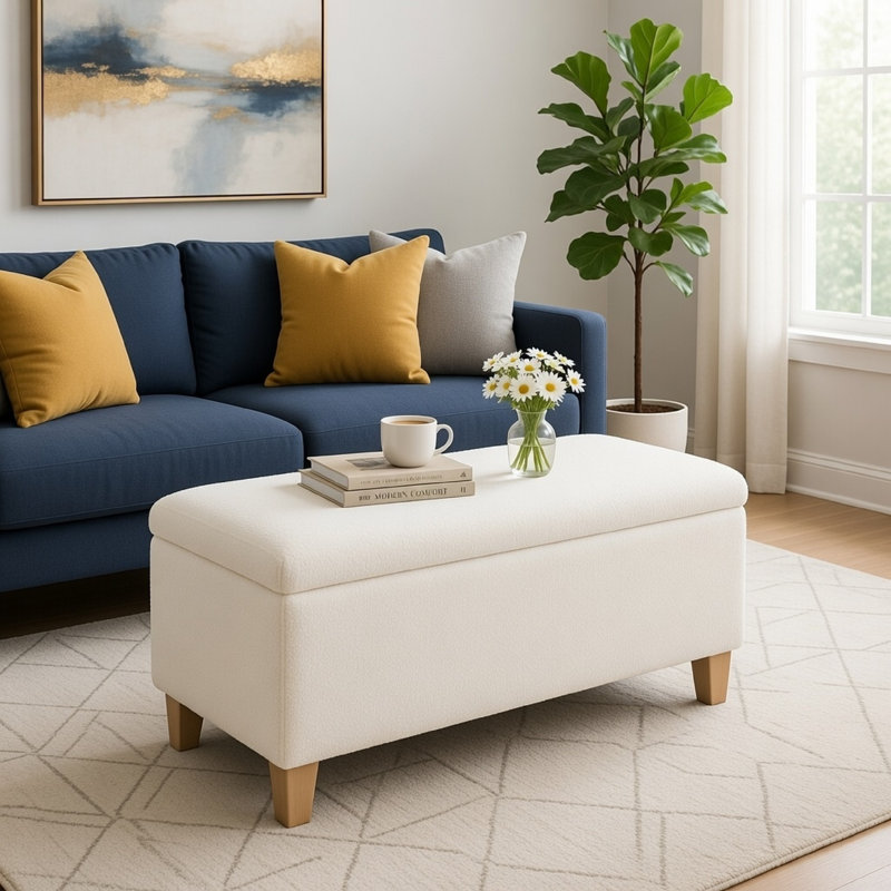 Repose-pieds de rangement Liv, Sherpa crème, bois brun naturel, 42 po