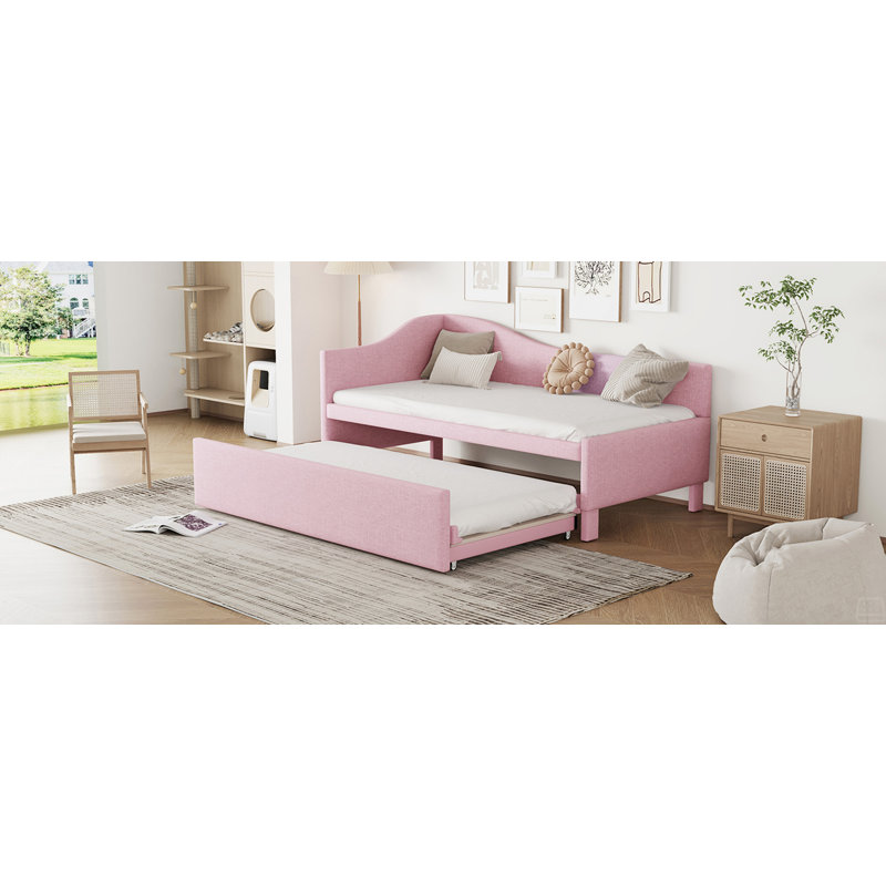 Twin Size Upholstered L-Shaped Upholstered Daybed With Pop Up Trundle, Pink