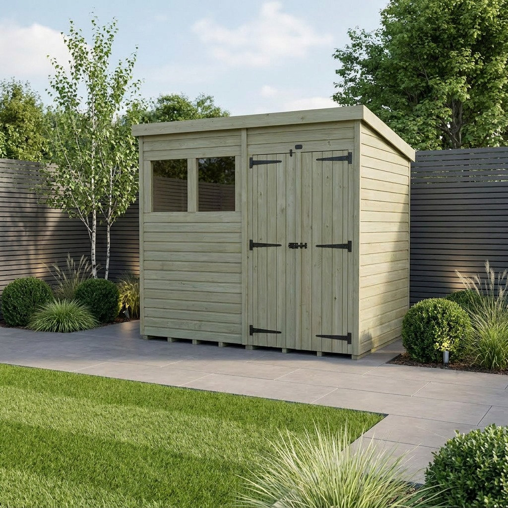 Total Sheds 11ft x 8ft Pent Garden Shed - Double Door - With Windows - Pressure Treated Timber - UK Manufactured