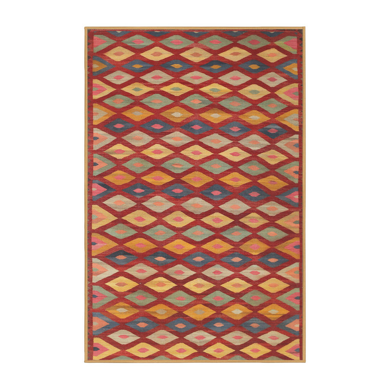 Tapis contemporain orange / bleu / beige, Rectangle 5 pi x 8 pi