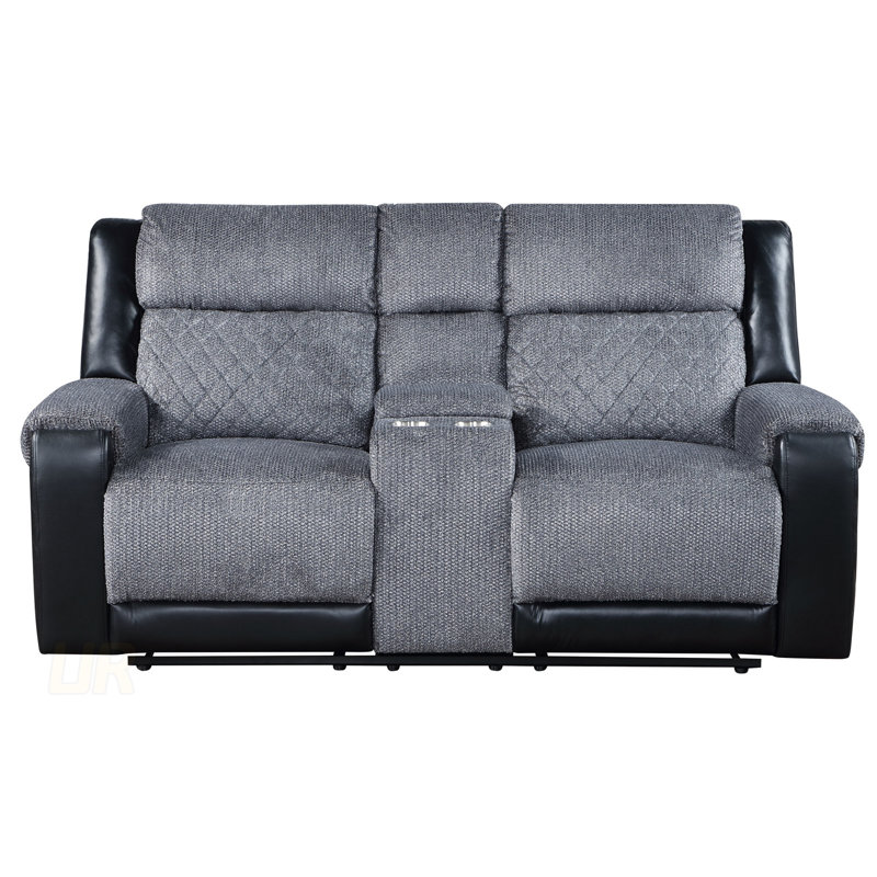 ALICIA Reclining Sofa And Loveseat, Traditional Glam Style With Faux Leather And Two-Toned Dark Gray Fabric, Comfortable And Stylish