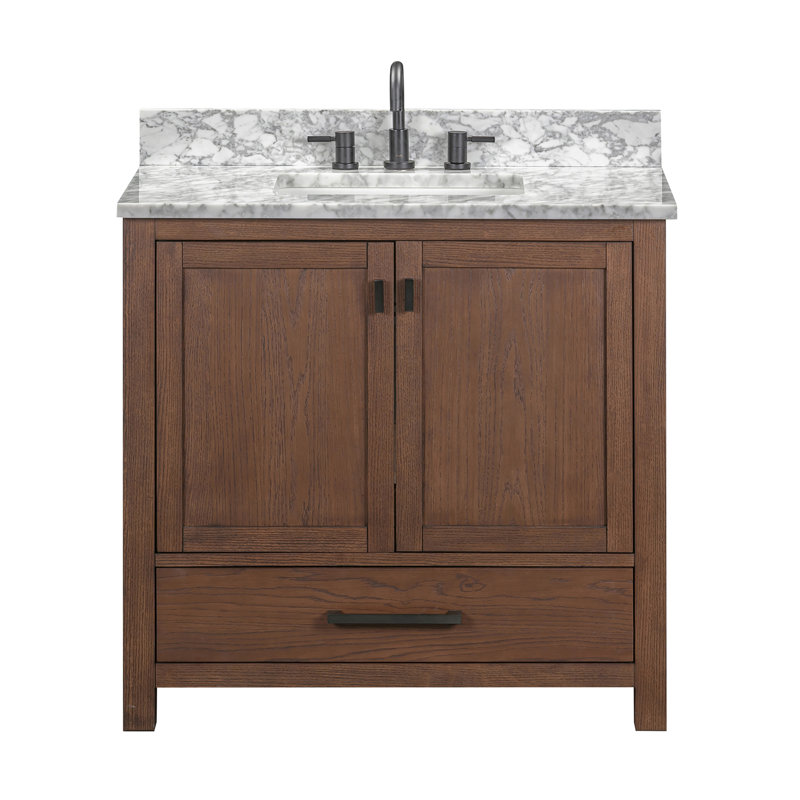 Modero 36" Single Bathroom Vanity with Top, Carrera White Marble, Mocha Oak, Black