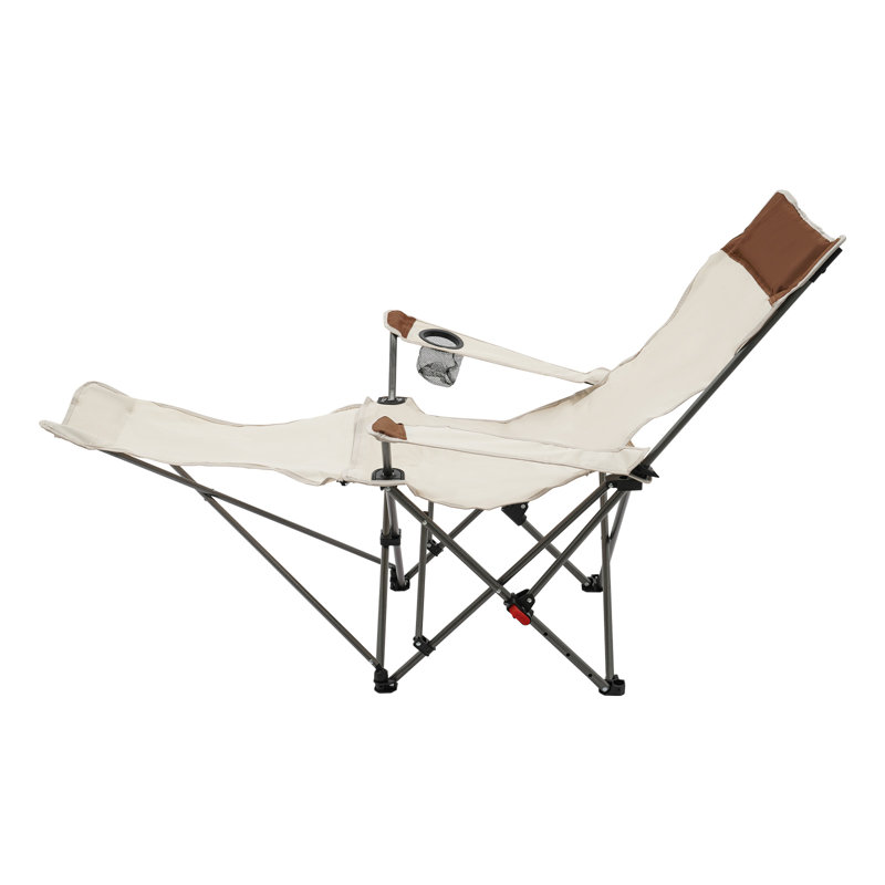 Set of 2 Beige and Brown Adjustable Folding Reclining Camping Chairs