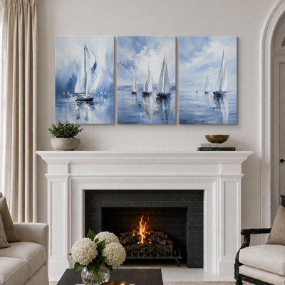 Blue Nautical Sailboat Seascape Artwork, Living Room Pictures, Framed Canvas Giclee Print 3 Pieces Wall Art