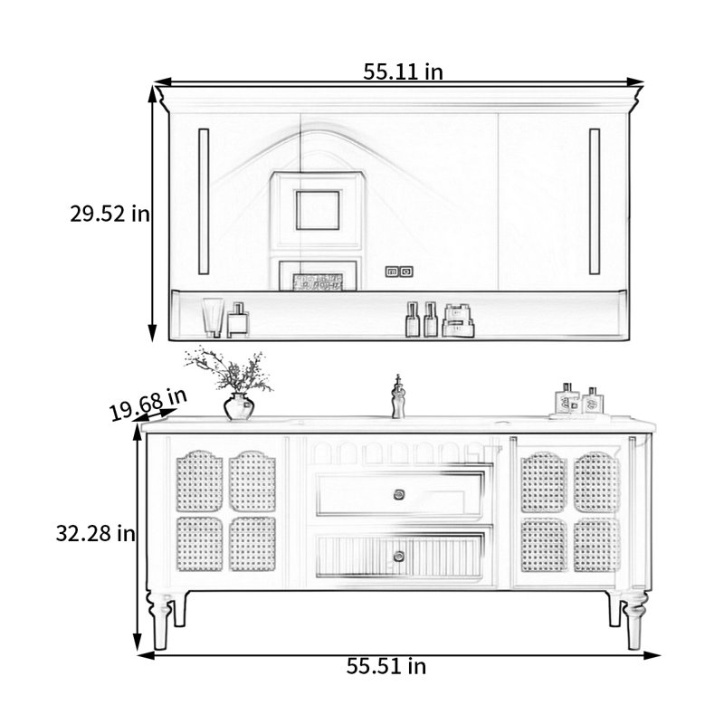 French retro style rest room bathroom cabinet, 55.51"