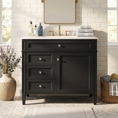 36'' MDF Freestanding Bathroom Vanity with White Ceramic Sink, Bathroom Cabinet in Black with 2 Drawers, Adjustable Door Shelves and a Tip-out Drawer