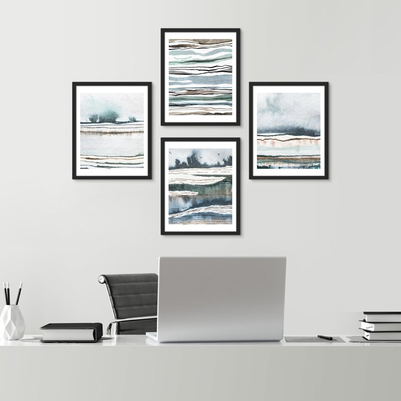 " Blue Pastel Paint Stroke Landscapes " 4 - Pieces, Black, 16" H x 12" W